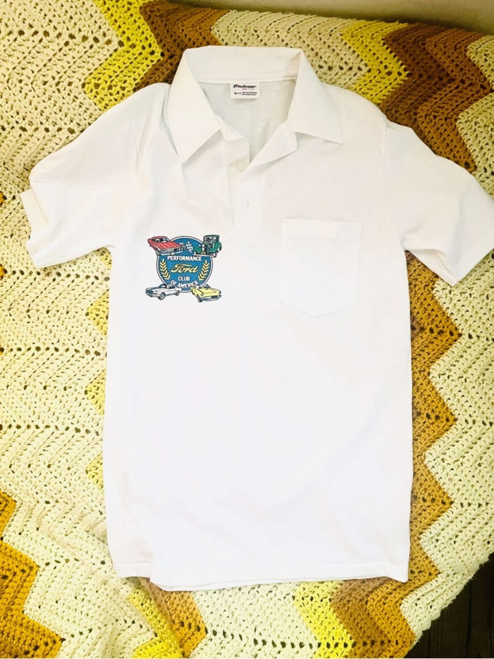 White Ford Polo Shirt with Motor Club Crest vintage 70s 80s NWOT Small Preppy